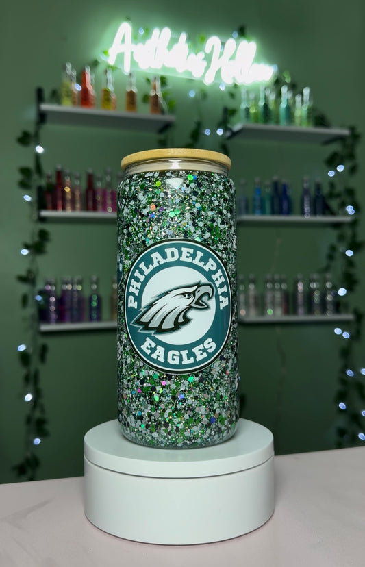 Premade Eagles 20 oz Glass Slow Flow Glitter Cup